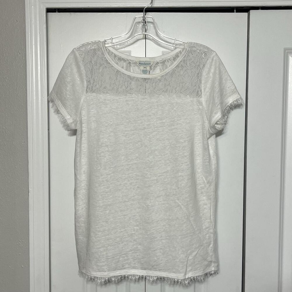Sundance Top Womens M Cottagecore White Linen Lace Sheer Fringe Trim Tee Shirt